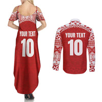 Custom Tonga Football Ngatu Tribal Tattoo Couples Matching Summer Maxi Dress and Long Sleeve Button Shirt LT03 - Polynesian Pride