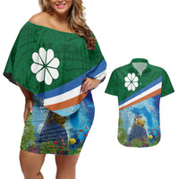 Marshall Islands Kwajalein Atoll Couples Matching Off Shoulder Short Dress and Hawaiian Shirt Polynesian Pattern and Undersea Animals LT03 Blue - Polynesian Pride