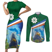 Marshall Islands Kwajalein Atoll Couples Matching Short Sleeve Bodycon Dress and Long Sleeve Button Shirt Polynesian Pattern and Undersea Animals LT03 Blue - Polynesian Pride
