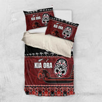New Zealand Culture Bedding Set Kia Ora Aotearoa Moko Tattoo Mask with Waka and Maori Art Pattern LT03 US Twin 172cm x 218cm Red - Polynesian Pride