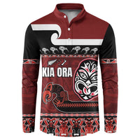 New Zealand Culture Button Sweatshirt Kia Ora Aotearoa Moko Tattoo Mask with Waka and Maori Art Pattern LT03 Red - Polynesian Pride