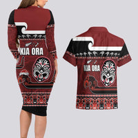 New Zealand Culture Couples Matching Long Sleeve Bodycon Dress and Hawaiian Shirt Kia Ora Aotearoa Moko Tattoo Mask with Waka and Maori Art Pattern LT03 - Polynesian Pride