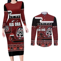 New Zealand Culture Couples Matching Long Sleeve Bodycon Dress and Long Sleeve Button Shirt Kia Ora Aotearoa Moko Tattoo Mask with Waka and Maori Art Pattern LT03 Red - Polynesian Pride