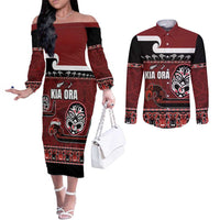 New Zealand Culture Couples Matching Off The Shoulder Long Sleeve Dress and Long Sleeve Button Shirt Kia Ora Aotearoa Moko Tattoo Mask with Waka and Maori Art Pattern LT03 Red - Polynesian Pride
