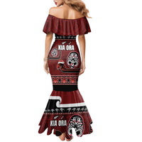 New Zealand Culture Family Matching Mermaid Dress and Hawaiian Shirt Kia Ora Aotearoa Moko Tattoo Mask with Waka and Maori Art Pattern