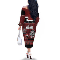 New Zealand Culture Family Matching Off The Shoulder Long Sleeve Dress and Hawaiian Shirt Kia Ora Aotearoa Moko Tattoo Mask with Waka and Maori Art Pattern LT03 - Polynesian Pride