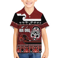 New Zealand Culture Family Matching Off The Shoulder Long Sleeve Dress and Hawaiian Shirt Kia Ora Aotearoa Moko Tattoo Mask with Waka and Maori Art Pattern LT03 Son's Shirt Red - Polynesian Pride