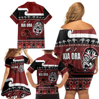 New Zealand Culture Family Matching Off Shoulder Short Dress and Hawaiian Shirt Kia Ora Aotearoa Moko Tattoo Mask with Waka and Maori Art Pattern LT03 - Polynesian Pride