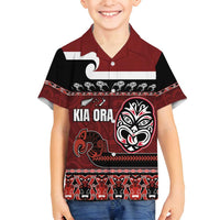 New Zealand Culture Family Matching Off Shoulder Short Dress and Hawaiian Shirt Kia Ora Aotearoa Moko Tattoo Mask with Waka and Maori Art Pattern LT03 Son's Shirt Red - Polynesian Pride