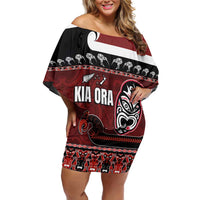 New Zealand Culture Off Shoulder Short Dress Kia Ora Aotearoa Moko Tattoo Mask with Waka and Maori Art Pattern LT03 Women Red - Polynesian Pride