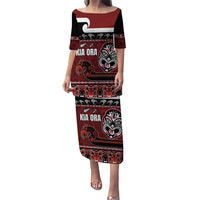 New Zealand Culture Puletasi Kia Ora Aotearoa Moko Tattoo Mask with Waka and Maori Art Pattern LT03 Long Dress Red - Polynesian Pride