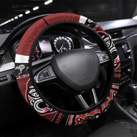 New Zealand Culture Steering Wheel Cover Kia Ora Aotearoa Moko Tattoo Mask with Waka and Maori Art Pattern LT03 Universal Fit Red - Polynesian Pride