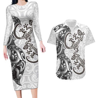 New Zealand Gecko Maori Art Tattoo Couples Matching Long Sleeve Bodycon Dress and Hawaiian Shirt White Color LT03 White - Polynesian Pride