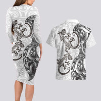 New Zealand Gecko Maori Art Tattoo Couples Matching Long Sleeve Bodycon Dress and Hawaiian Shirt White Color LT03 - Polynesian Pride