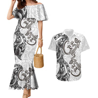 New Zealand Gecko Maori Art Tattoo Couples Matching Mermaid Dress and Hawaiian Shirt White Color LT03 White - Polynesian Pride