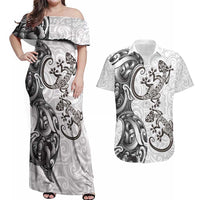 New Zealand Gecko Maori Art Tattoo Couples Matching Off Shoulder Maxi Dress and Hawaiian Shirt White Color LT03 White - Polynesian Pride