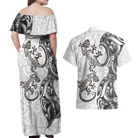 New Zealand Gecko Maori Art Tattoo Couples Matching Off Shoulder Maxi Dress and Hawaiian Shirt White Color LT03 - Polynesian Pride