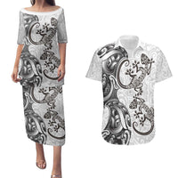 New Zealand Gecko Maori Art Tattoo Couples Matching Puletasi and Hawaiian Shirt White Color LT03 White - Polynesian Pride