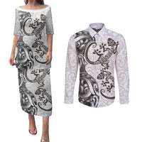New Zealand Gecko Maori Art Tattoo Couples Matching Puletasi and Long Sleeve Button Shirt White Color LT03 White - Polynesian Pride
