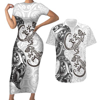 New Zealand Gecko Maori Art Tattoo Couples Matching Short Sleeve Bodycon Dress and Hawaiian Shirt White Color LT03 White - Polynesian Pride