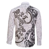New Zealand Gecko Maori Art Tattoo Family Matching Off The Shoulder Long Sleeve Dress and Hawaiian Shirt White Color LT03 - Polynesian Pride