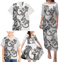 New Zealand Gecko Maori Art Tattoo Family Matching Puletasi and Hawaiian Shirt White Color LT03 - Polynesian Pride