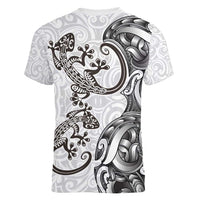 New Zealand Gecko Maori Art Tattoo Women V-Neck T-Shirt White Color LT03 - Polynesian Pride