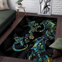 New Zealand Gecko Maori Art Tattoo Area Rug Silver Fern and Paua Shell Mode LT03 Black - Polynesian Pride