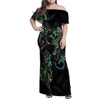 New Zealand Gecko Maori Art Tattoo Family Matching Off Shoulder Maxi Dress and Hawaiian Shirt Silver Fern and Paua Shell Mode LT03 Mom's Dress Black - Polynesian Pride