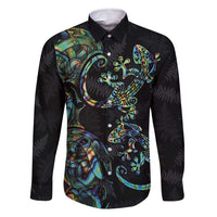 New Zealand Gecko Maori Art Tattoo Family Matching Off Shoulder Short Dress and Hawaiian Shirt Silver Fern and Paua Shell Mode LT03 Dad's Shirt - Long Sleeve Black - Polynesian Pride