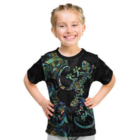 New Zealand Gecko Maori Art Tattoo Kid T Shirt Silver Fern and Paua Shell Mode LT03 Black - Polynesian Pride