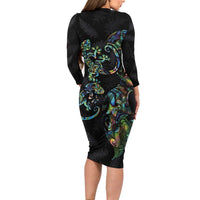 New Zealand Gecko Maori Art Tattoo Long Sleeve Bodycon Dress Silver Fern and Paua Shell Mode LT03 - Polynesian Pride