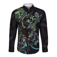 New Zealand Gecko Maori Art Tattoo Long Sleeve Button Shirt Silver Fern and Paua Shell Mode LT03 Unisex Black - Polynesian Pride