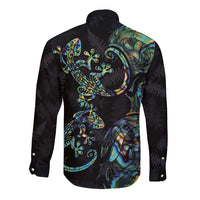 New Zealand Gecko Maori Art Tattoo Long Sleeve Button Shirt Silver Fern and Paua Shell Mode LT03 - Polynesian Pride