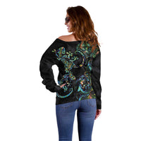 New Zealand Gecko Maori Art Tattoo Off Shoulder Sweater Silver Fern and Paua Shell Mode LT03 - Polynesian Pride