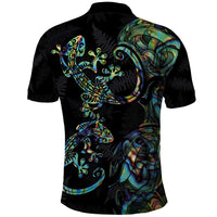 New Zealand Gecko Maori Art Tattoo Polo Shirt Silver Fern and Paua Shell Mode LT03 - Polynesian Pride