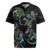 New Zealand Gecko Maori Art Tattoo Rugby Jersey Silver Fern and Paua Shell Mode LT03 Black - Polynesian Pride