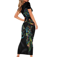 New Zealand Gecko Maori Art Tattoo Short Sleeve Bodycon Dress Silver Fern and Paua Shell Mode LT03 - Polynesian Pride