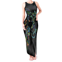 New Zealand Gecko Maori Art Tattoo Tank Maxi Dress Silver Fern and Paua Shell Mode LT03 Women Black - Polynesian Pride