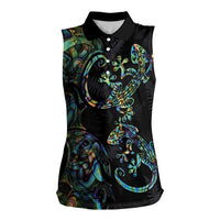 New Zealand Gecko Maori Art Tattoo Women Sleeveless Polo Shirt Silver Fern and Paua Shell Mode LT03 Female Black - Polynesian Pride
