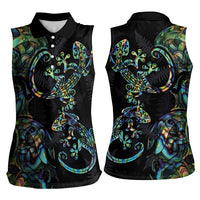 New Zealand Gecko Maori Art Tattoo Women Sleeveless Polo Shirt Silver Fern and Paua Shell Mode LT03 - Polynesian Pride