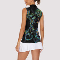 New Zealand Gecko Maori Art Tattoo Women Sleeveless Polo Shirt Silver Fern and Paua Shell Mode LT03 - Polynesian Pride