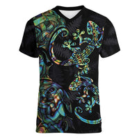 New Zealand Gecko Maori Art Tattoo Women V-Neck T-Shirt Silver Fern and Paua Shell Mode LT03 Female Black - Polynesian Pride