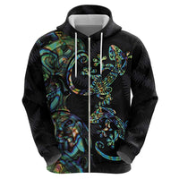 New Zealand Gecko Maori Art Tattoo Zip Hoodie Silver Fern and Paua Shell Mode LT03 - Polynesian Pride
