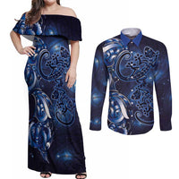 New Zealand Gecko Maori Art Tattoo Couples Matching Off Shoulder Maxi Dress and Long Sleeve Button Shirt Matariki Mode LT03 Blue - Polynesian Pride