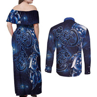 New Zealand Gecko Maori Art Tattoo Couples Matching Off Shoulder Maxi Dress and Long Sleeve Button Shirt Matariki Mode LT03 - Polynesian Pride