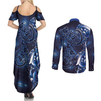 New Zealand Gecko Maori Art Tattoo Couples Matching Summer Maxi Dress and Long Sleeve Button Shirt Matariki Mode LT03 - Polynesian Pride