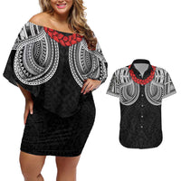 Samoan Traditional Art Tattoos Couples Matching Off Shoulder Short Dress and Hawaiian Shirt Tatau Tribal Motifs with Ula Fala Black LT03 Black - Polynesian Pride