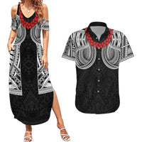 Samoan Traditional Art Tattoos Couples Matching Summer Maxi Dress and Hawaiian Shirt Tatau Tribal Motifs with Ula Fala Black LT03 Black - Polynesian Pride
