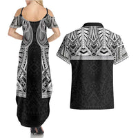 Samoan Traditional Art Tattoos Couples Matching Summer Maxi Dress and Hawaiian Shirt Tatau Tribal Motifs with Ula Fala Black LT03 - Polynesian Pride
